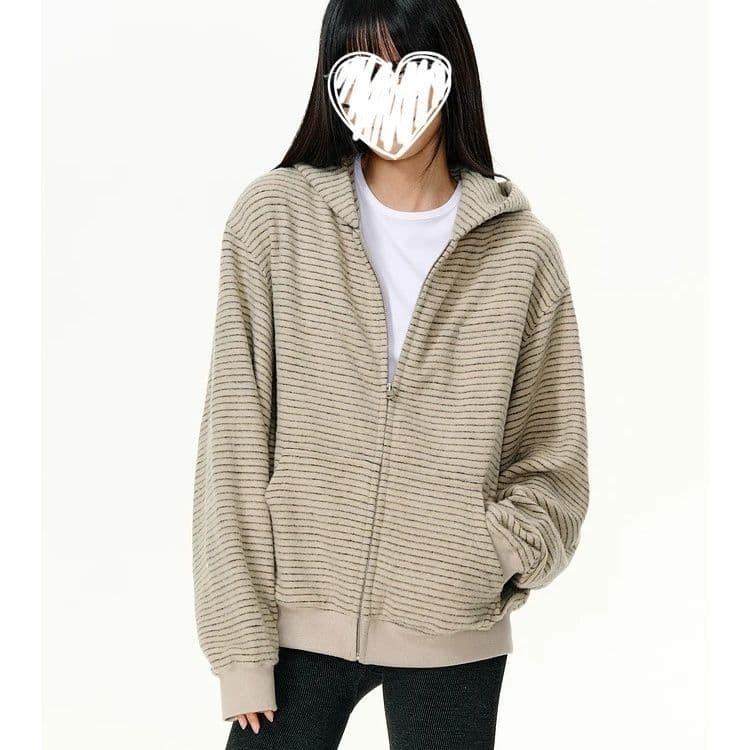 가을 스트라이프 후드 티 스웨터 여성 코트 새로운 작은 대중 디자인 센스 캐주얼 루즈핏 아메리칸 오픈 가디건 이미지 4