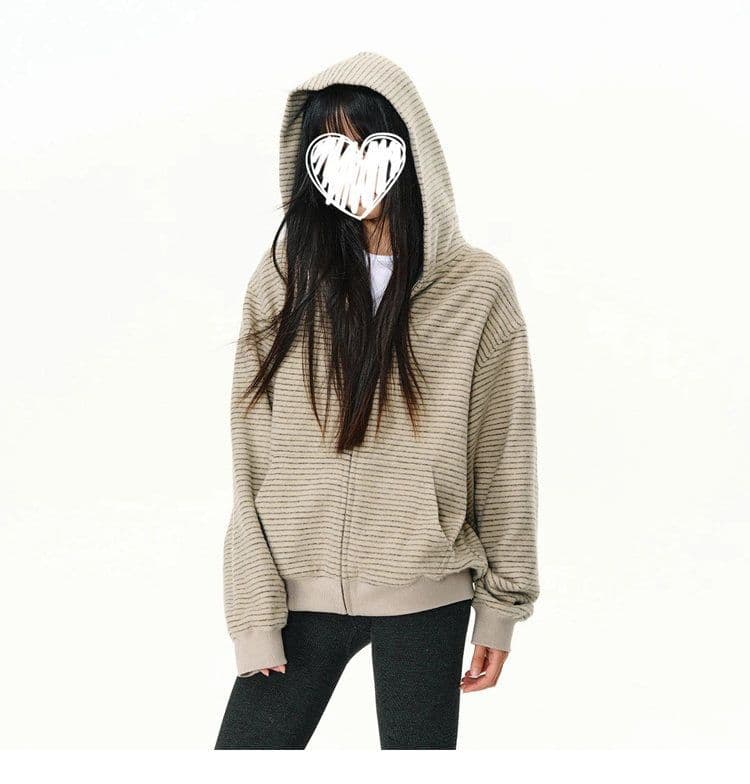 가을 스트라이프 후드 티 스웨터 여성 코트 새로운 작은 대중 디자인 센스 캐주얼 루즈핏 아메리칸 오픈 가디건 상세 이미지 3