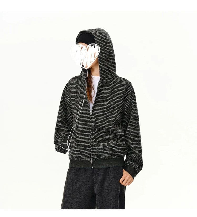 가을 스트라이프 후드 티 스웨터 여성 코트 새로운 작은 대중 디자인 센스 캐주얼 루즈핏 아메리칸 오픈 가디건 상세 이미지 4