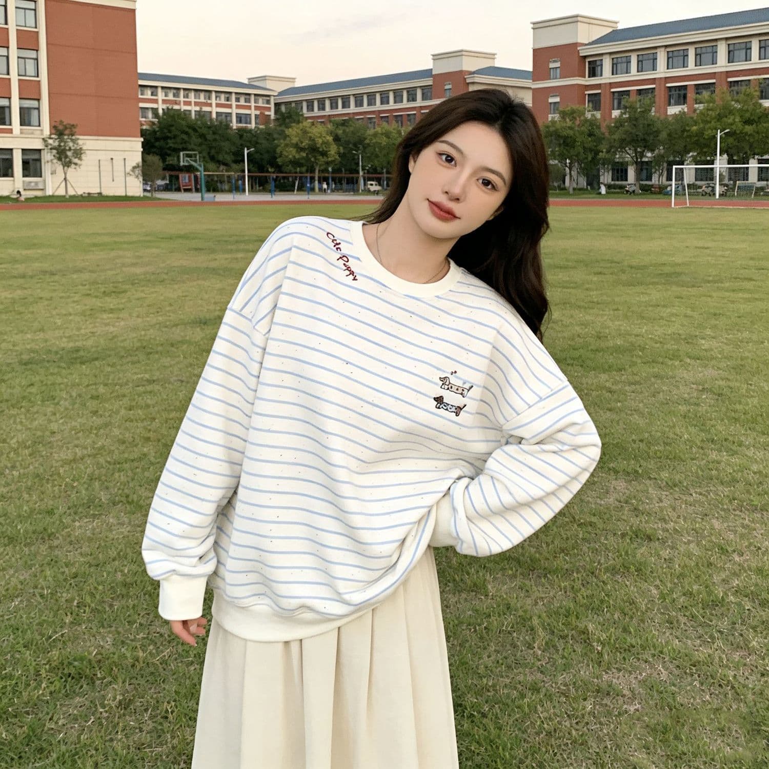 한국 스타일 모방 Mianhua 면 자수 무거운 작업 워터 마크 색상 도트 무늬 스트라이프 라운드 넥 후드티 없음 모자 재킷 상세 이미지 6