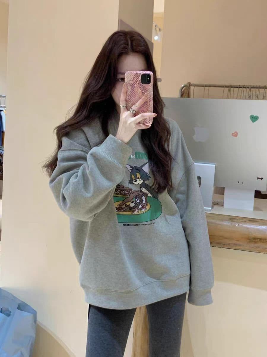 한국 스타일 라운드 넥 후드티 여성 가을 루즈핏 연령 감소 재킷 맨위 상세 이미지 2