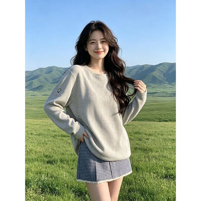 한국 스타일 면 라운드 넥 후드티 여성 가을 2026 새로운 긴팔 맨위 루즈핏 다용도 이미지 3