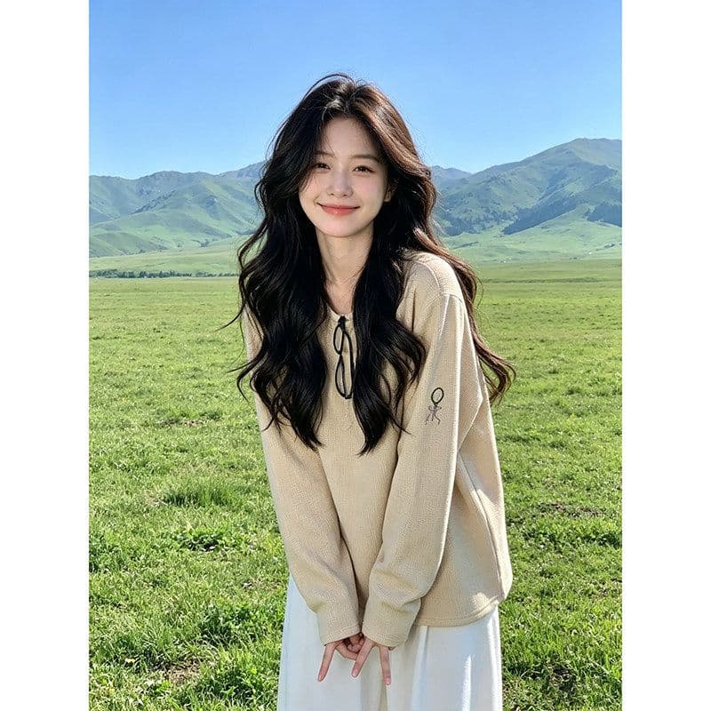 한국 스타일 면 라운드 넥 후드티 여성 가을 2026 새로운 긴팔 맨위 루즈핏 다용도 이미지 2