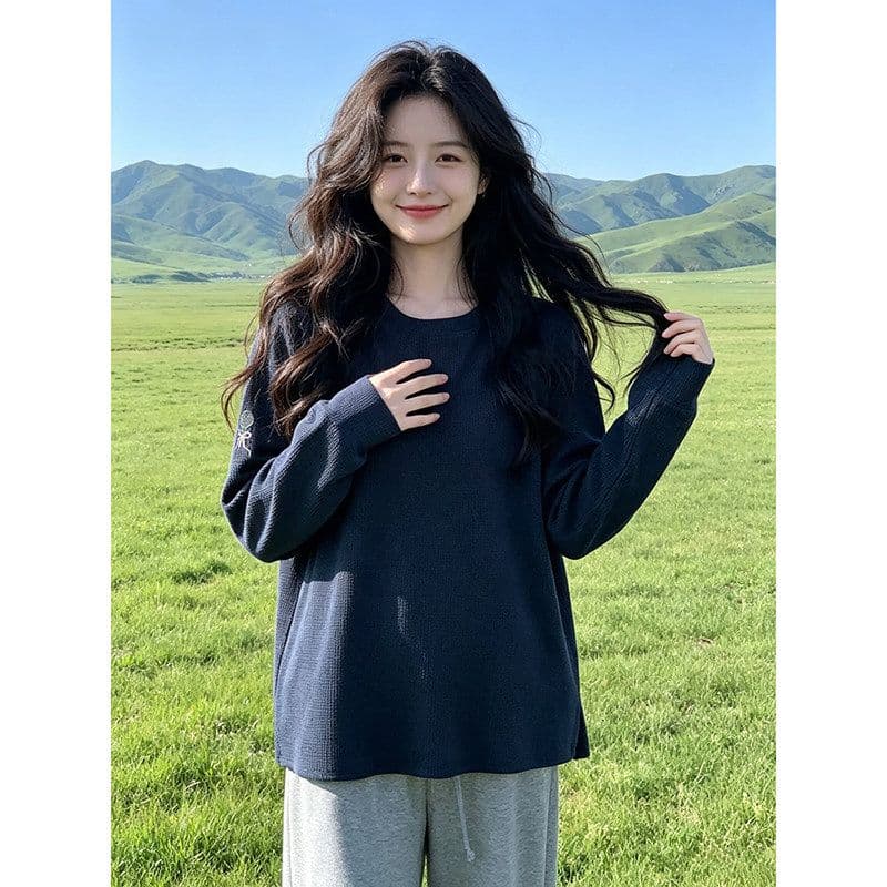 한국 스타일 면 라운드 넥 후드티 여성 가을 2026 새로운 긴팔 맨위 루즈핏 다용도 상세 이미지 3