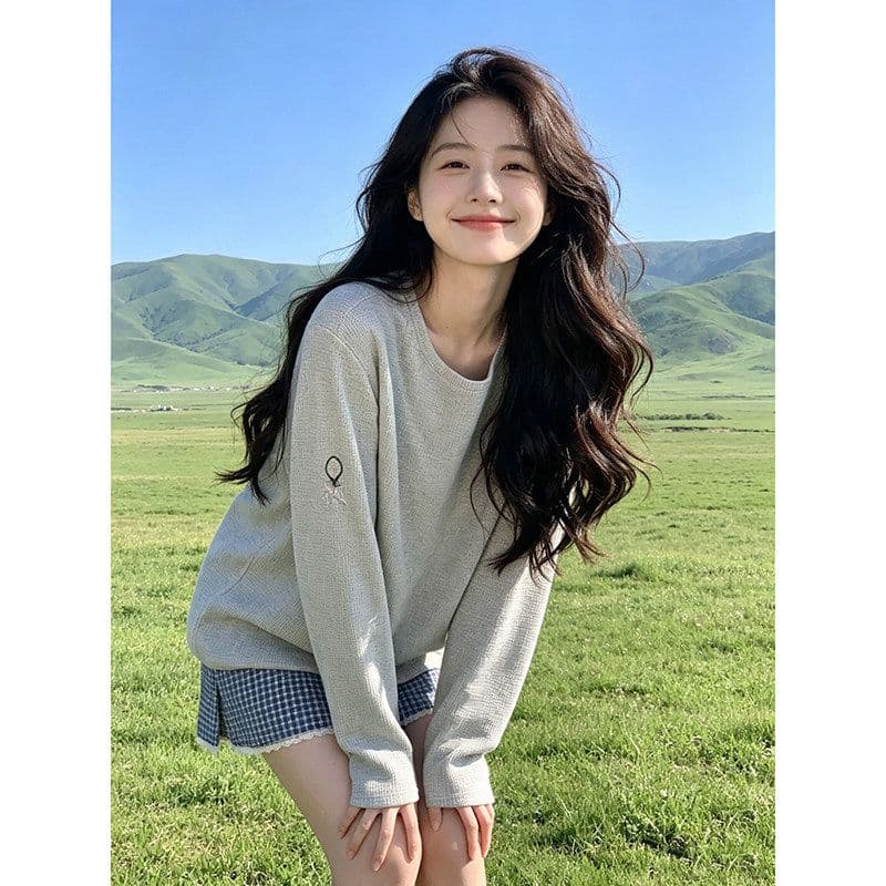 한국 스타일 면 라운드 넥 후드티 여성 가을 2026 새로운 긴팔 맨위 루즈핏 다용도 상세 이미지 11