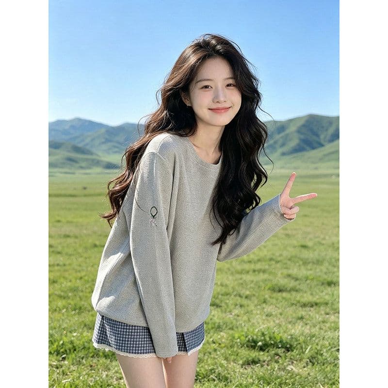 한국 스타일 면 라운드 넥 후드티 여성 가을 2026 새로운 긴팔 맨위 루즈핏 다용도 상세 이미지 12