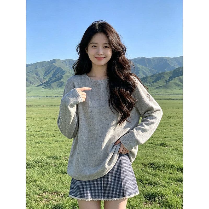 한국 스타일 면 라운드 넥 후드티 여성 가을 2026 새로운 긴팔 맨위 루즈핏 다용도 상세 이미지 13