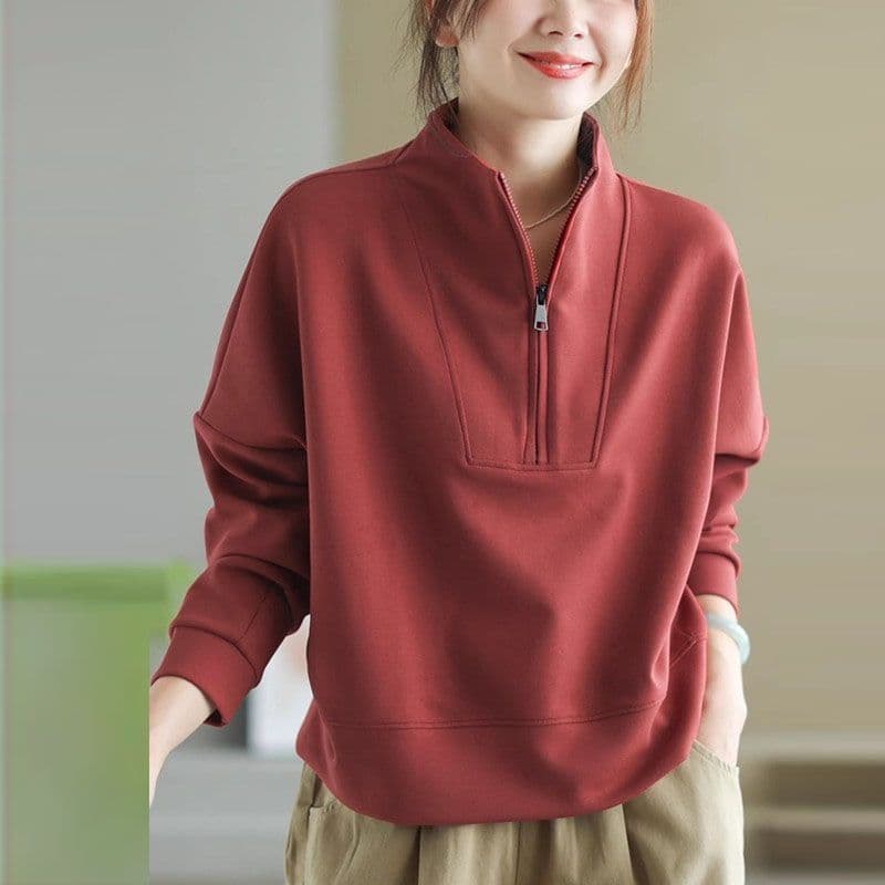스탠드 칼라 하프 지퍼 후드티 여성 봄과 가을 외국 가스 외출용 긴팔 풀오버 캐주얼 맨위 루즈핏 빅 사이즈 여성 의류 상세 이미지 5