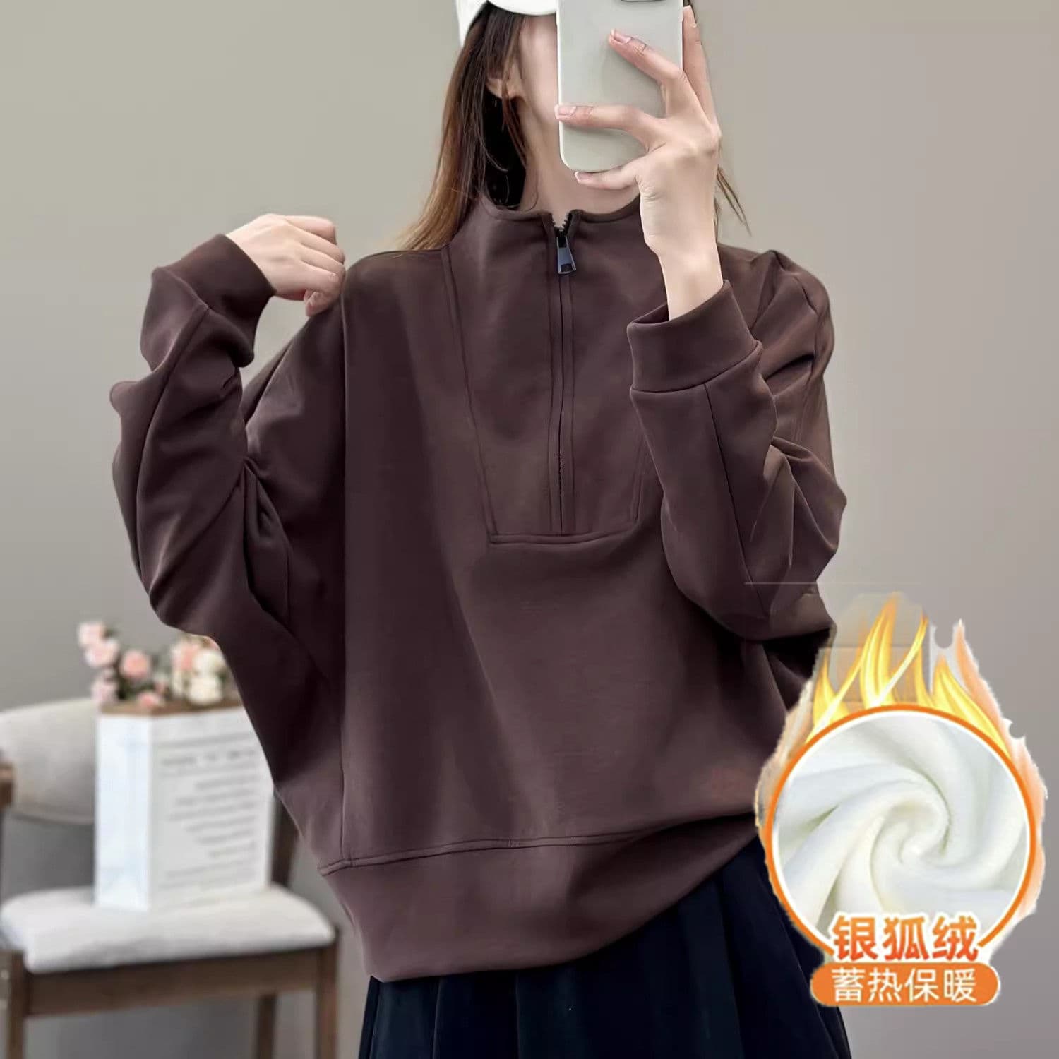 스탠드 칼라 하프 지퍼 후드티 여성 봄과 가을 외국 가스 외출용 긴팔 풀오버 캐주얼 맨위 루즈핏 빅 사이즈 여성 의류 상세 이미지 8