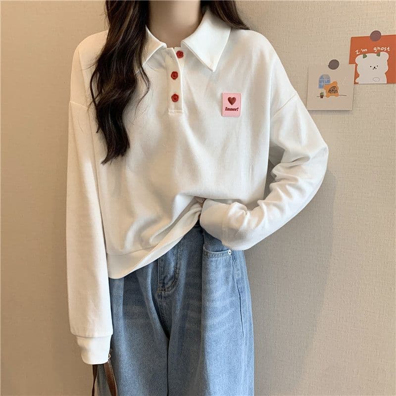 한국 스타일 ins 슈퍼 화재 POLO 칼라 얇은 스타일 후드티 여성 봄 가을 새로운 한국 스타일 루즈핏 다용도 긴팔 쇼트 스타일 맨위 이미지 5