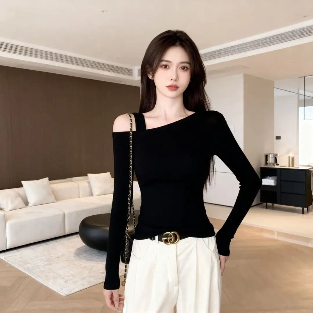 프랑스식 오프숄더 디자인 작은 대중 오프숄더 몸매 가꾸기 슬림해 보이는 긴팔 티셔츠 품격 비스듬한 어깨 의류