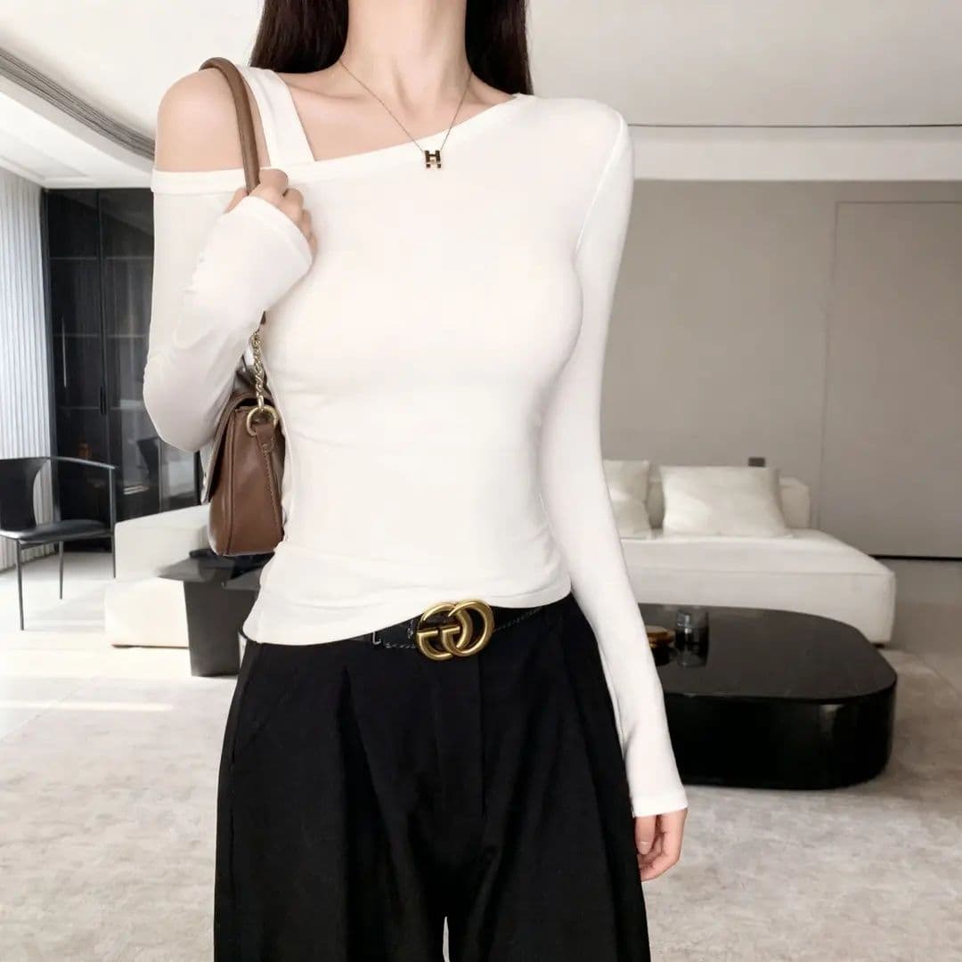 프랑스식 오프숄더 디자인 작은 대중 오프숄더 몸매 가꾸기 슬림해 보이는 긴팔 티셔츠 품격 비스듬한 어깨 의류 이미지 4