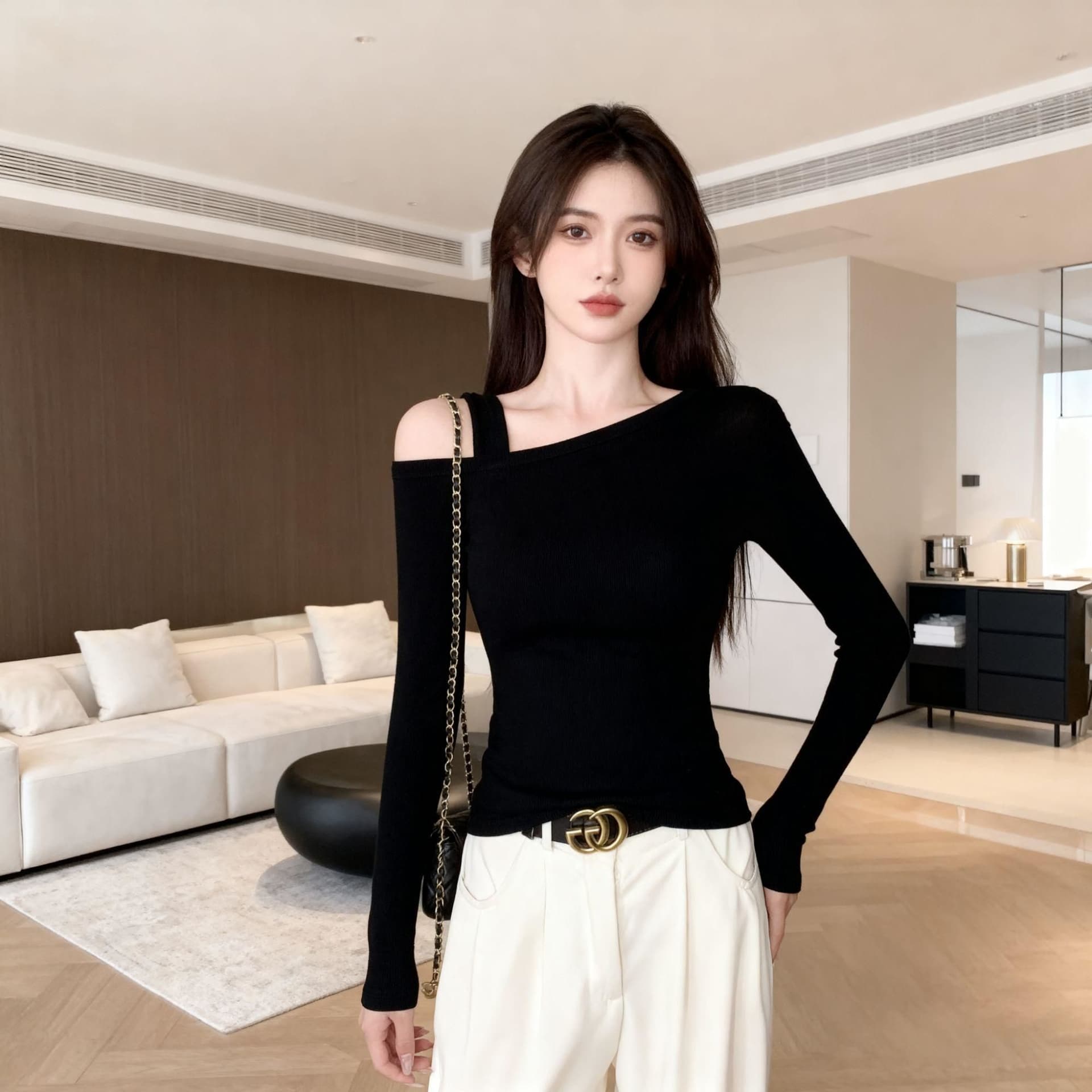 프랑스식 오프숄더 디자인 작은 대중 오프숄더 몸매 가꾸기 슬림해 보이는 긴팔 티셔츠 품격 비스듬한 어깨 의류 상세 이미지 10