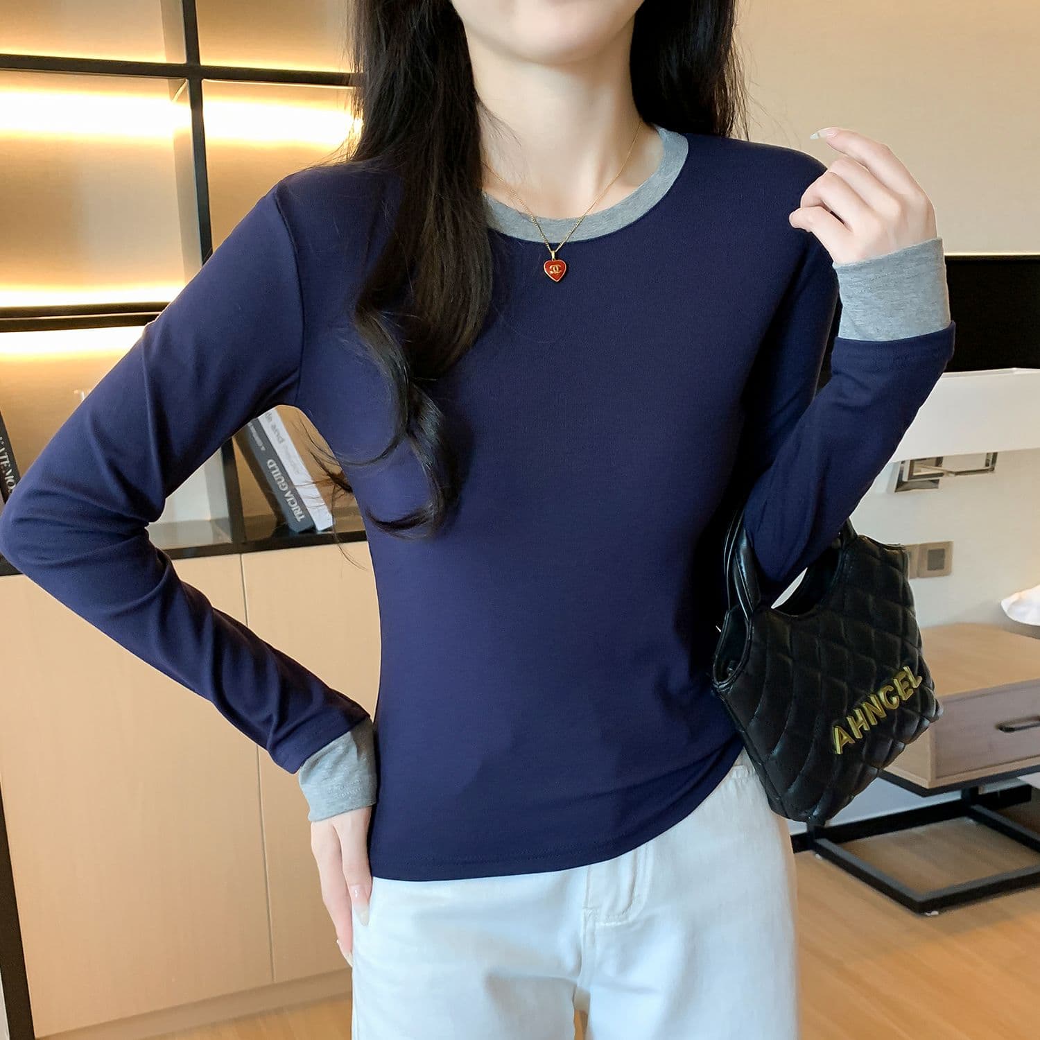 모달 사람들 면 패치워크 색상 페이크 레이어드 인사이드 가져 가라. 몸매 가꾸기 긴팔 티셔츠 여성 가을 기본 셔츠 맨위 이미지 4