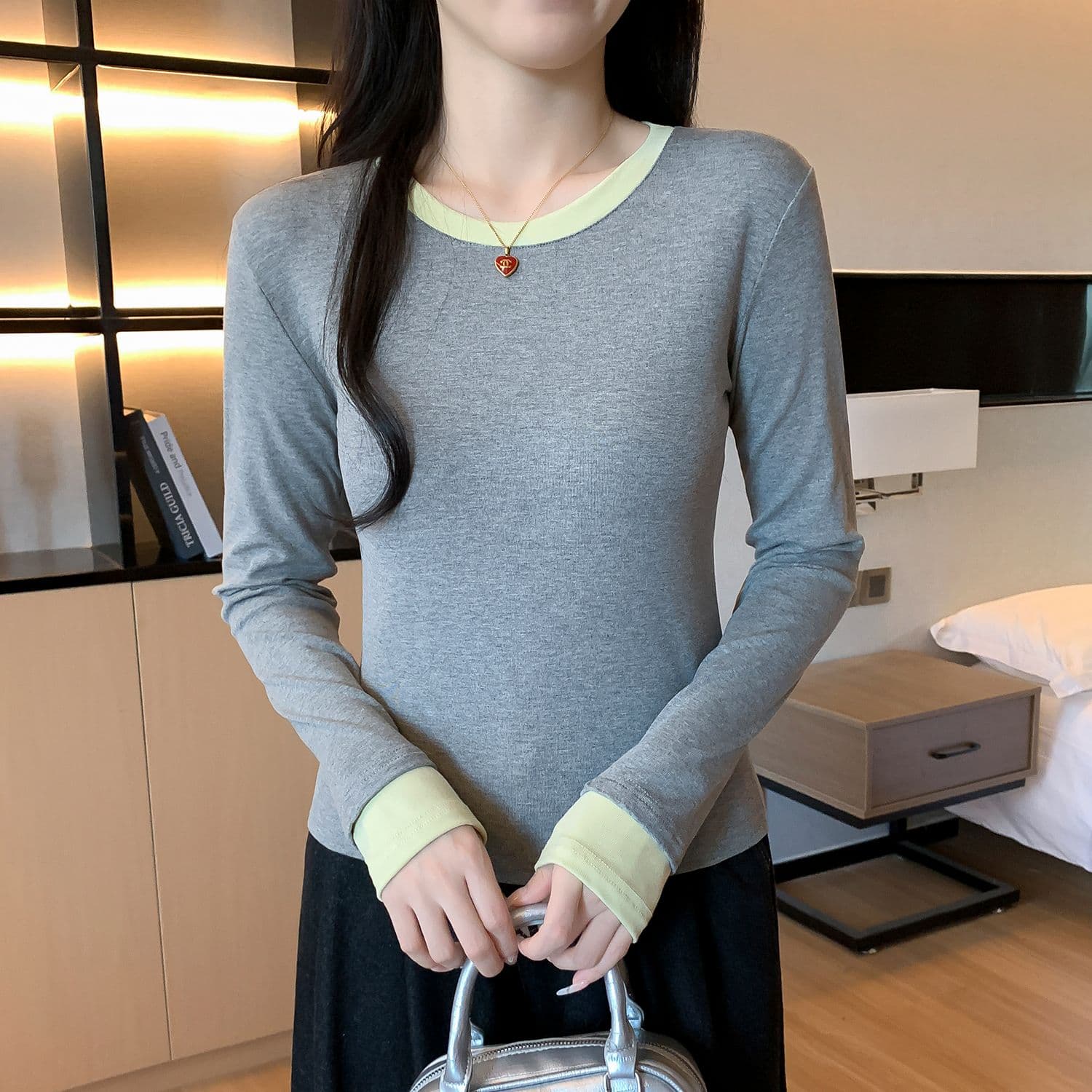 모달 사람들 면 패치워크 색상 페이크 레이어드 인사이드 가져 가라. 몸매 가꾸기 긴팔 티셔츠 여성 가을 기본 셔츠 맨위 이미지 5