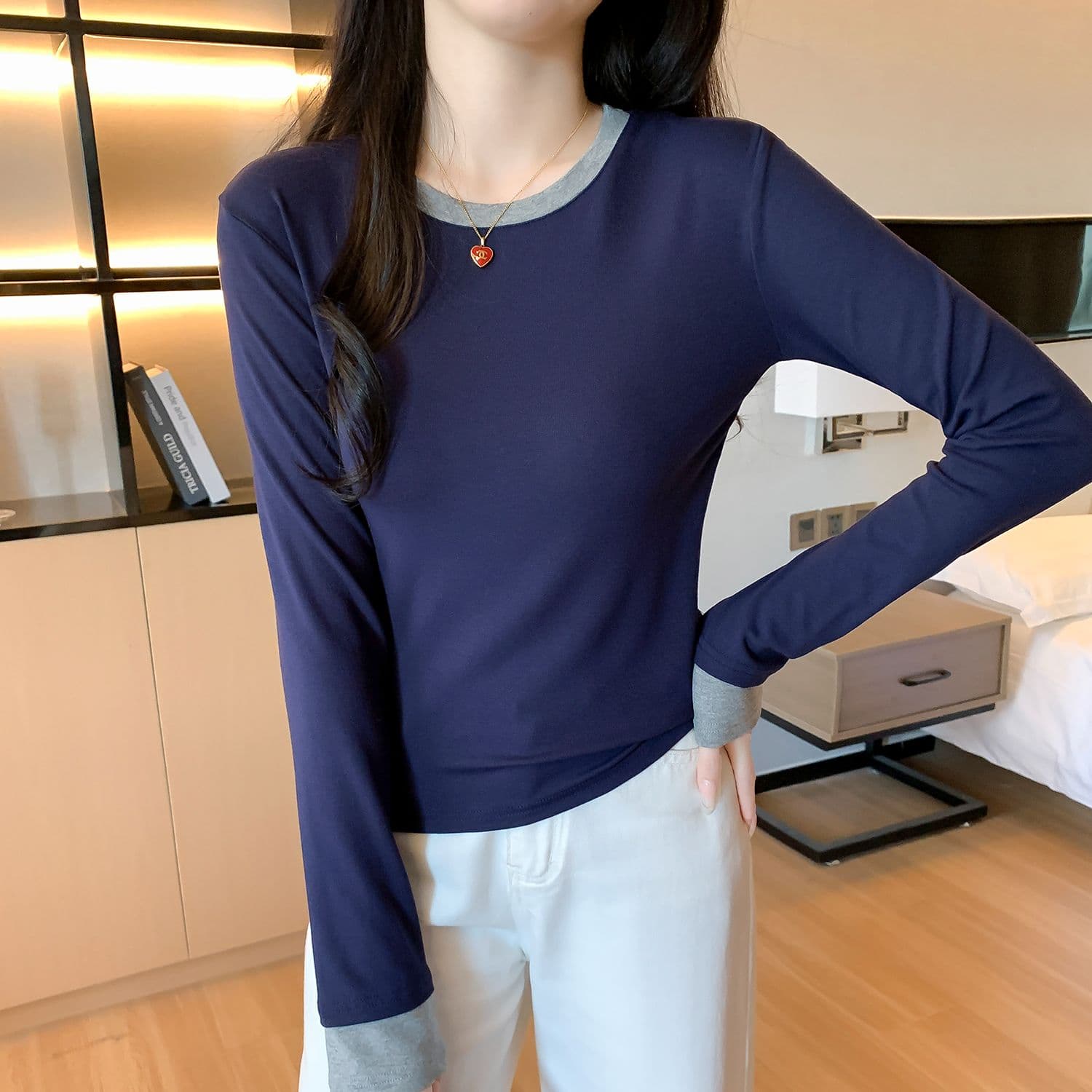 모달 사람들 면 패치워크 색상 페이크 레이어드 인사이드 가져 가라. 몸매 가꾸기 긴팔 티셔츠 여성 가을 기본 셔츠 맨위 상세 이미지 2