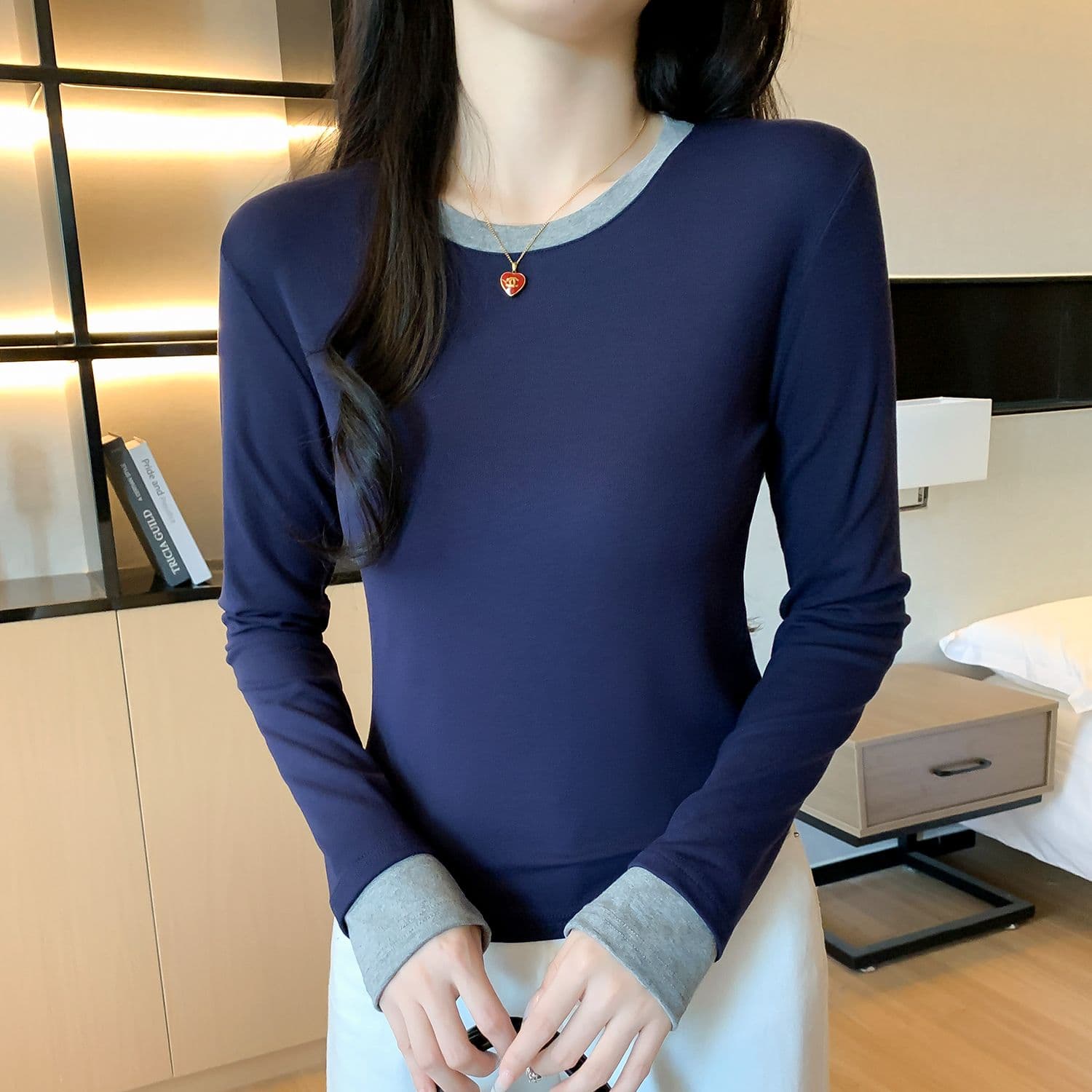 모달 사람들 면 패치워크 색상 페이크 레이어드 인사이드 가져 가라. 몸매 가꾸기 긴팔 티셔츠 여성 가을 기본 셔츠 맨위 상세 이미지 3