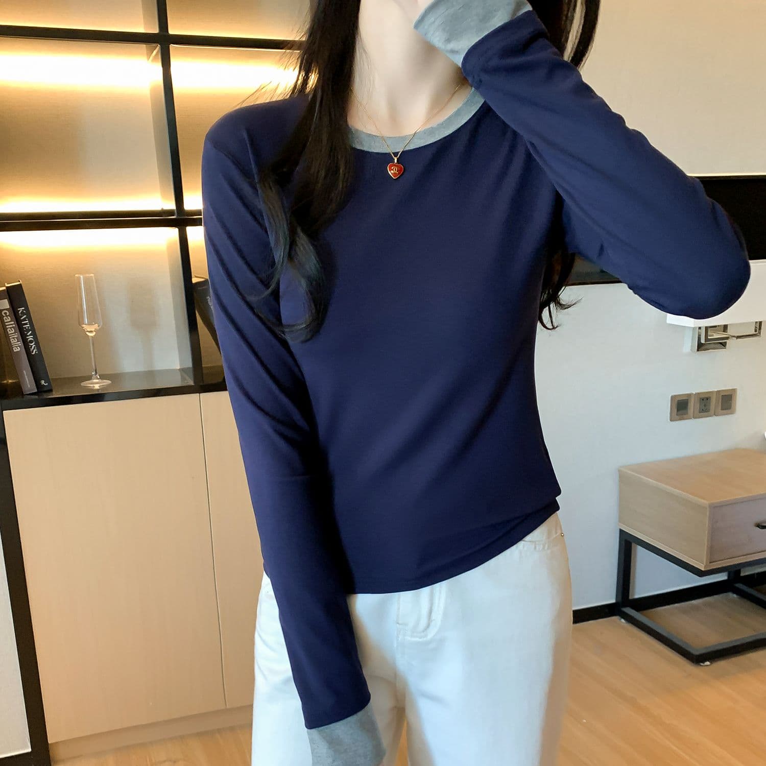 모달 사람들 면 패치워크 색상 페이크 레이어드 인사이드 가져 가라. 몸매 가꾸기 긴팔 티셔츠 여성 가을 기본 셔츠 맨위 상세 이미지 5