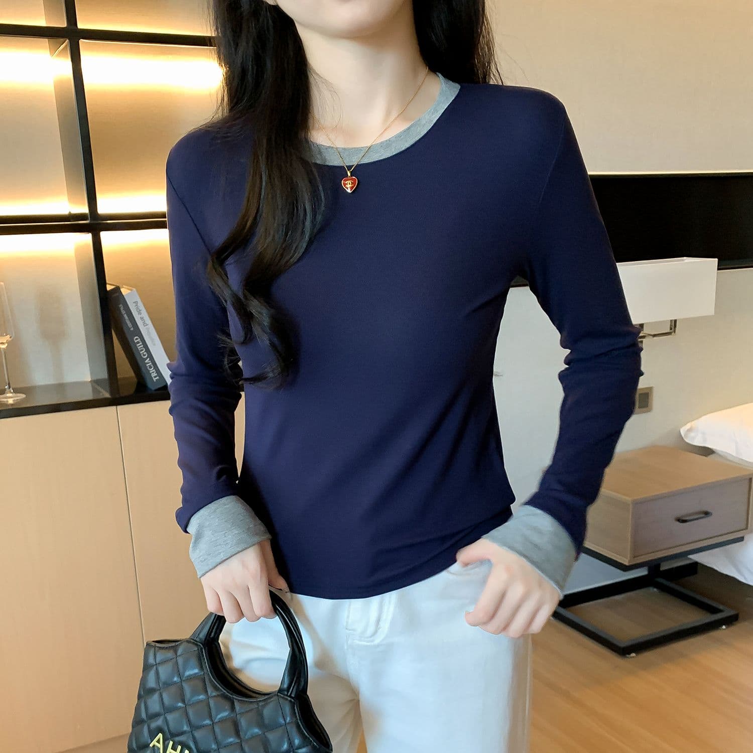 모달 사람들 면 패치워크 색상 페이크 레이어드 인사이드 가져 가라. 몸매 가꾸기 긴팔 티셔츠 여성 가을 기본 셔츠 맨위 상세 이미지 6