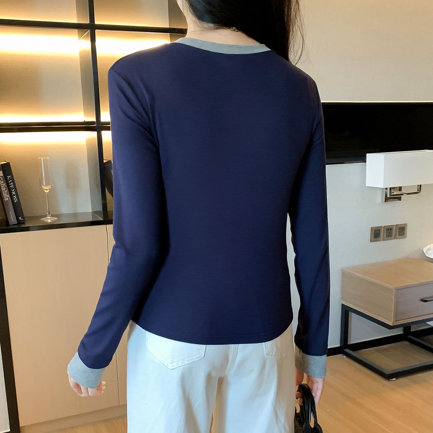 모달 사람들 면 패치워크 색상 페이크 레이어드 인사이드 가져 가라. 몸매 가꾸기 긴팔 티셔츠 여성 가을 기본 셔츠 맨위 상세 이미지 7