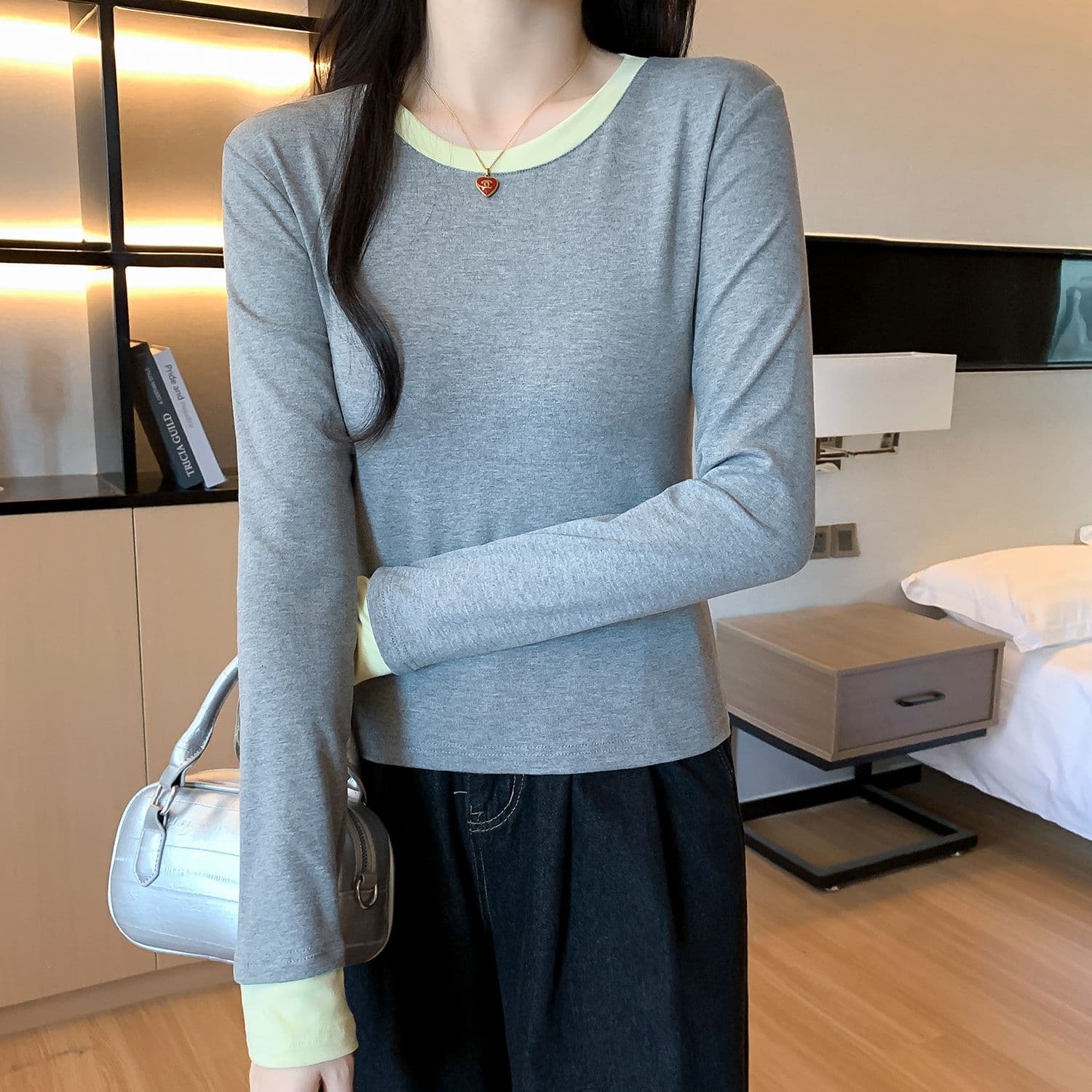 모달 사람들 면 패치워크 색상 페이크 레이어드 인사이드 가져 가라. 몸매 가꾸기 긴팔 티셔츠 여성 가을 기본 셔츠 맨위 상세 이미지 9