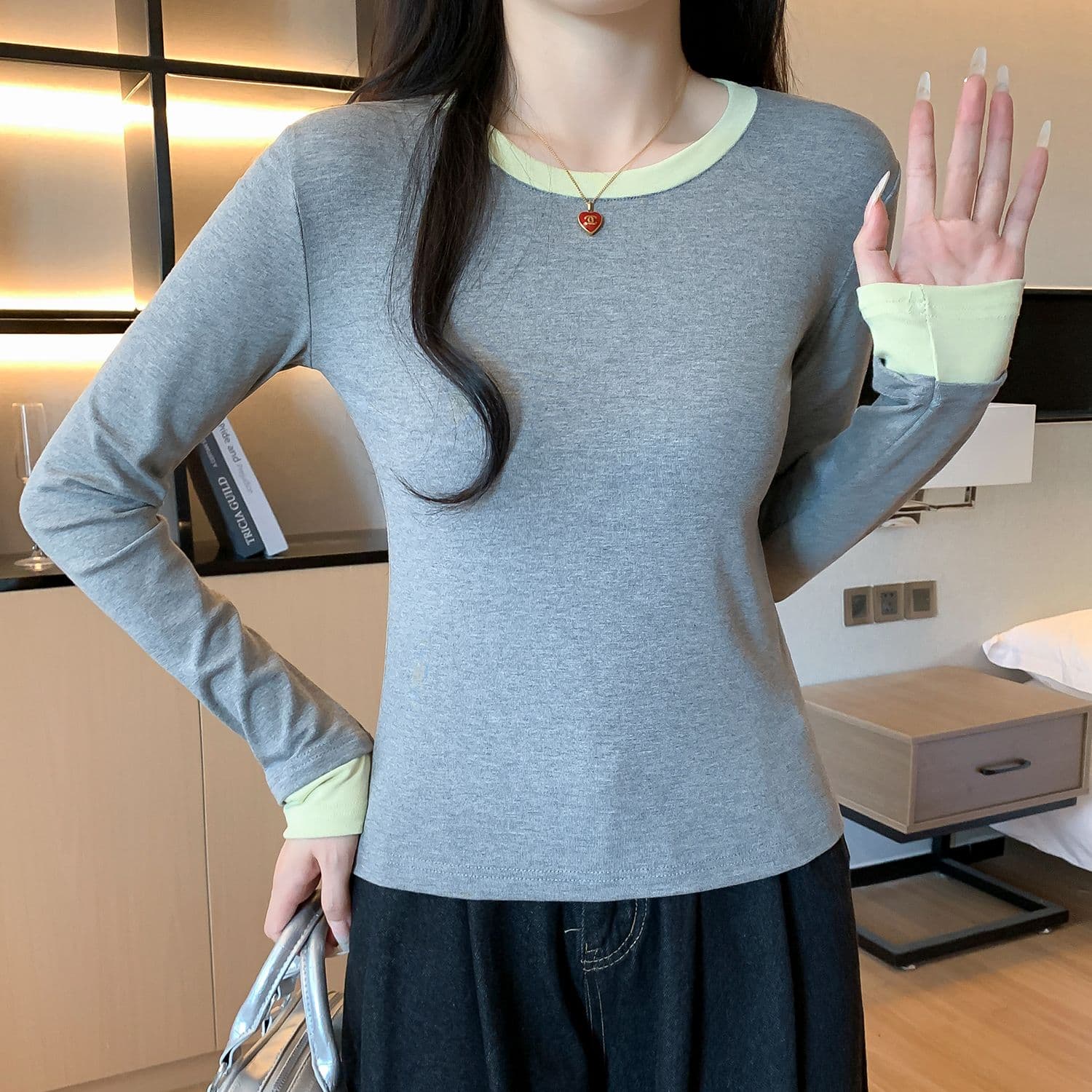 모달 사람들 면 패치워크 색상 페이크 레이어드 인사이드 가져 가라. 몸매 가꾸기 긴팔 티셔츠 여성 가을 기본 셔츠 맨위 상세 이미지 10