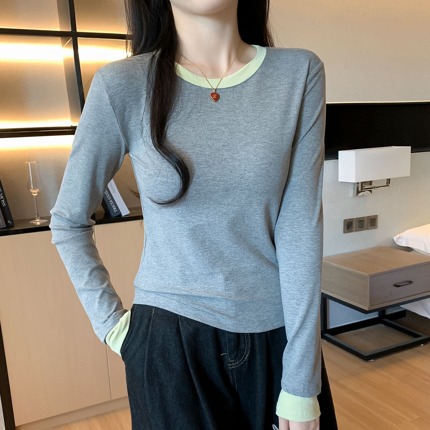 모달 사람들 면 패치워크 색상 페이크 레이어드 인사이드 가져 가라. 몸매 가꾸기 긴팔 티셔츠 여성 가을 기본 셔츠 맨위 상세 이미지 11