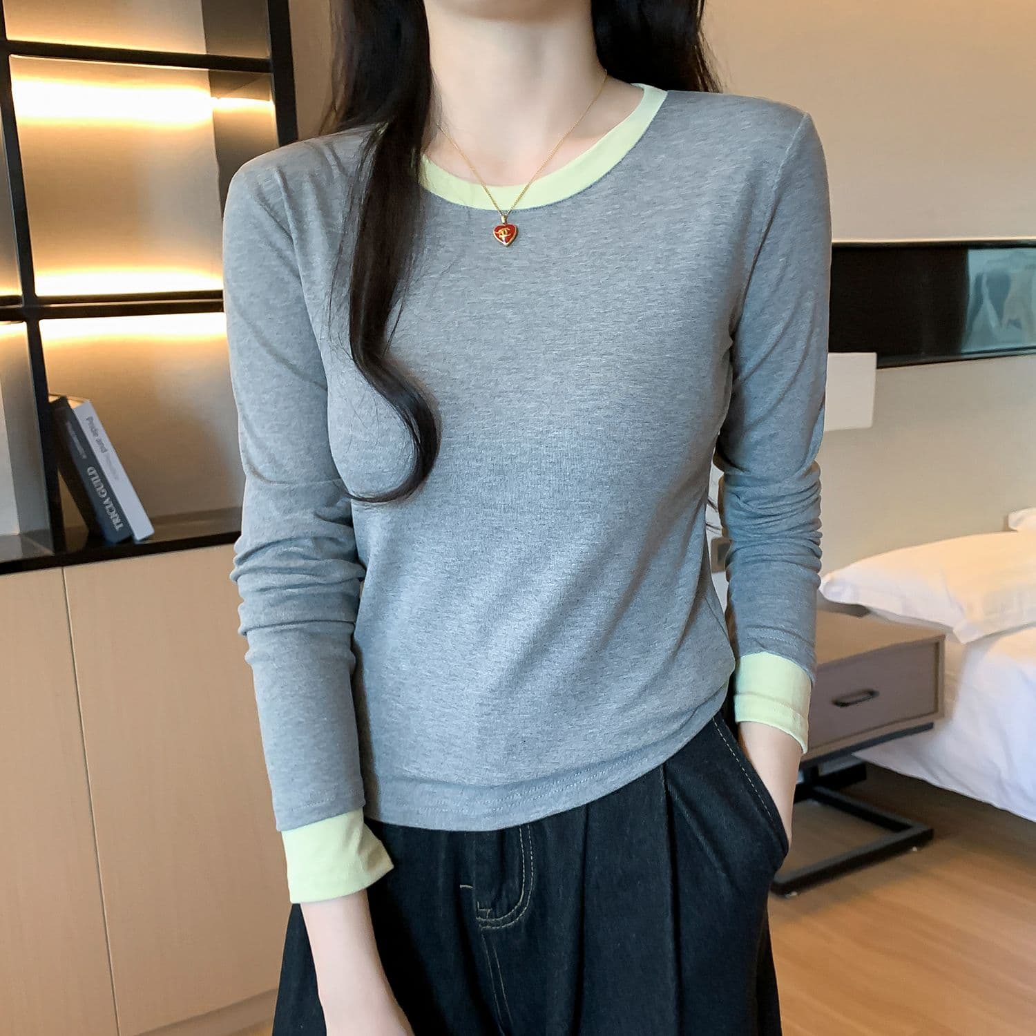 모달 사람들 면 패치워크 색상 페이크 레이어드 인사이드 가져 가라. 몸매 가꾸기 긴팔 티셔츠 여성 가을 기본 셔츠 맨위 상세 이미지 12