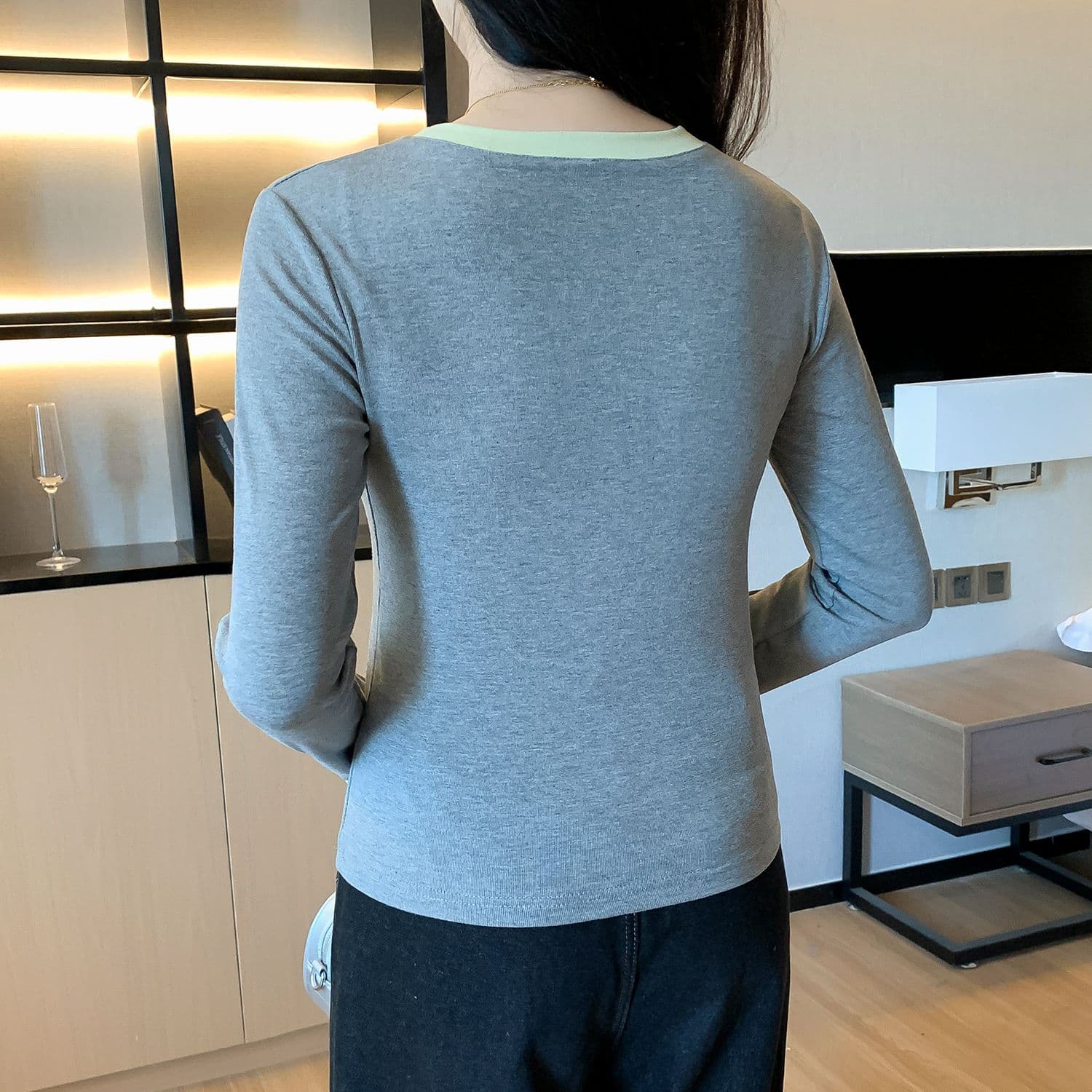 모달 사람들 면 패치워크 색상 페이크 레이어드 인사이드 가져 가라. 몸매 가꾸기 긴팔 티셔츠 여성 가을 기본 셔츠 맨위 상세 이미지 13