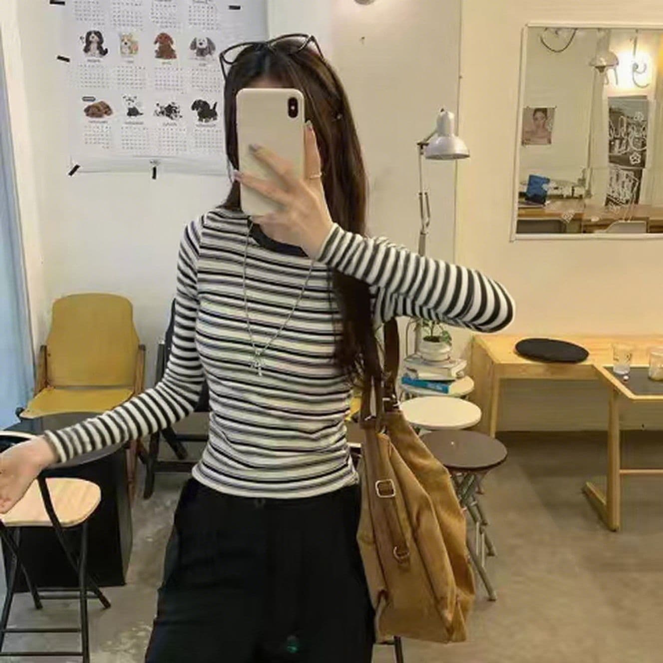 한국 스타일 암모니아 Lun 스트라이프 패치워크 색상 긍정적 인 어깨 긴팔 티셔츠 여성 가을 몸매 가꾸기 다용도 기본 셔츠 맨위 상세 이미지 6
