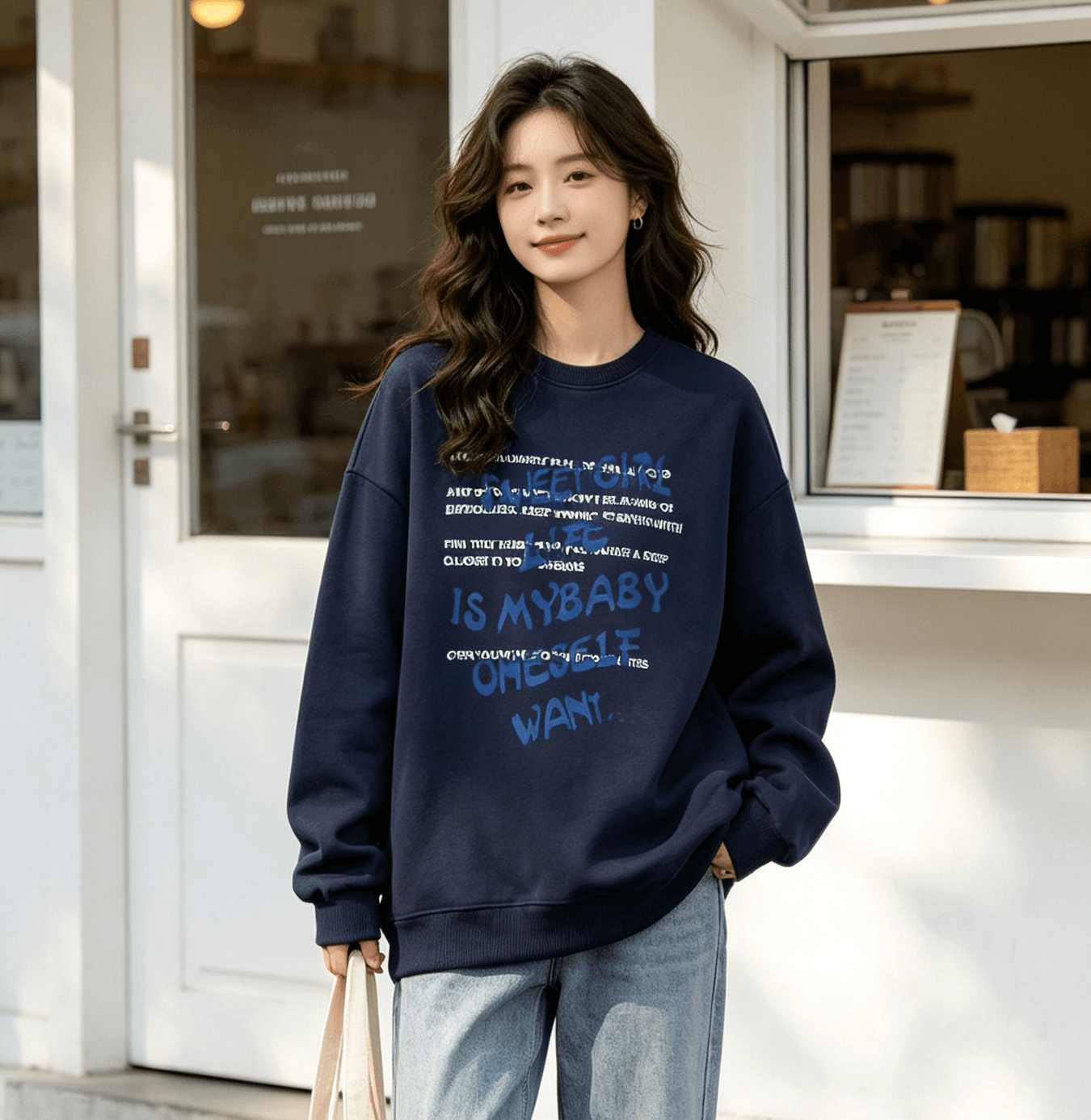 한국 스타일 루즈핏 빅 사이즈 라운드 넥 후드티 여성 가을 다용도 연령 감소 맨위 재킷 상세 이미지 2