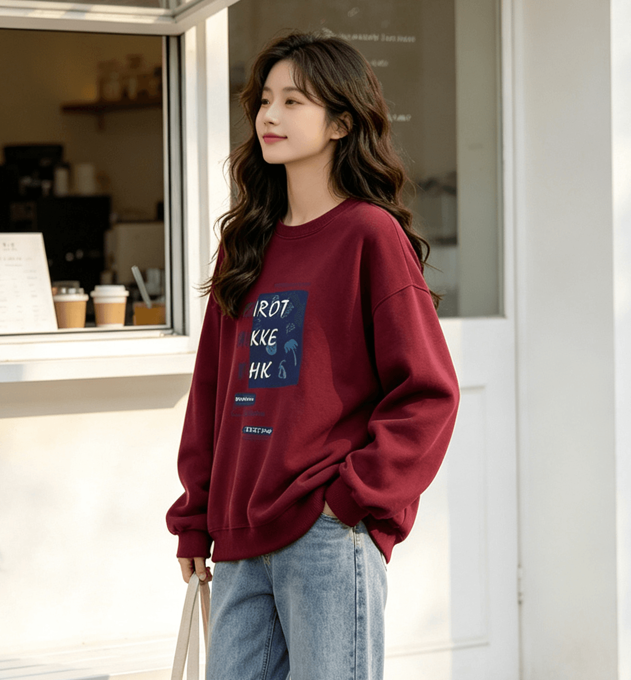 한국 스타일 루즈핏 빅 사이즈 라운드 넥 후드티 여성 가을 다용도 연령 감소 맨위 재킷 상세 이미지 3