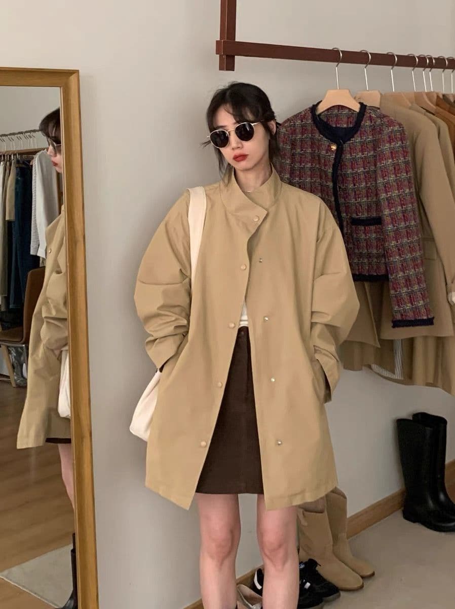 가을 겨울 새로운 한국 스타일 카키 색 중간 길이 재킷 재킷 여자 올해 인기 작은 키 코트 상세 이미지 2