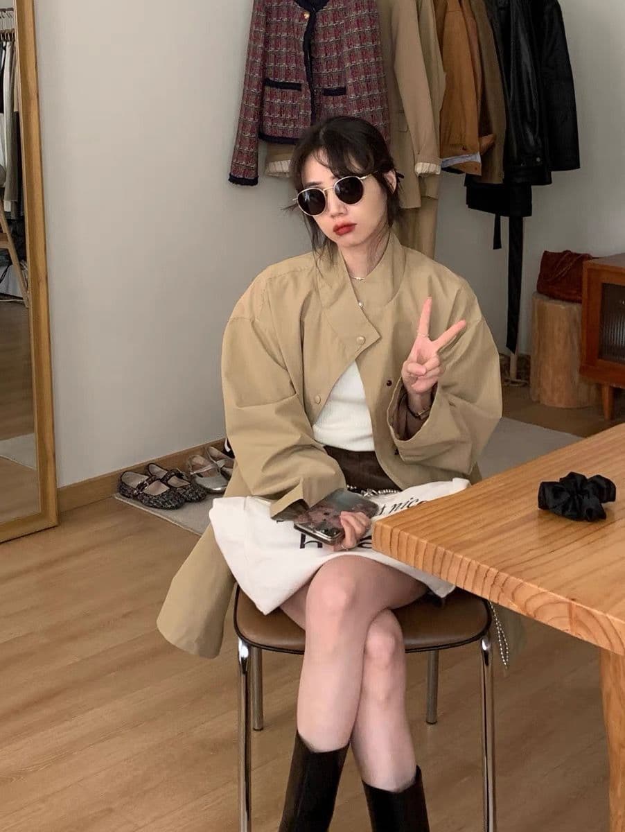 가을 겨울 새로운 한국 스타일 카키 색 중간 길이 재킷 재킷 여자 올해 인기 작은 키 코트 상세 이미지 3