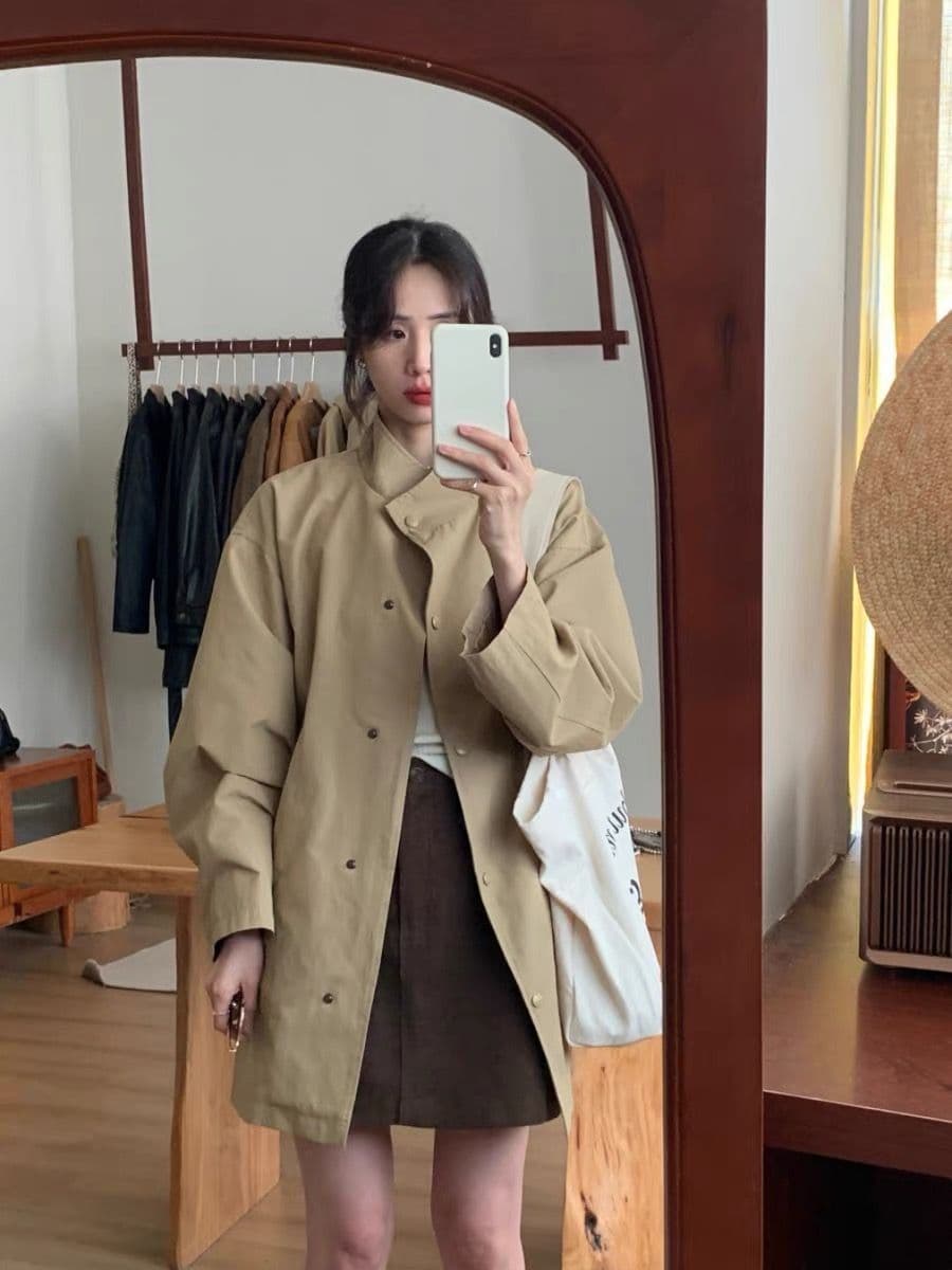 가을 겨울 새로운 한국 스타일 카키 색 중간 길이 재킷 재킷 여자 올해 인기 작은 키 코트 상세 이미지 4