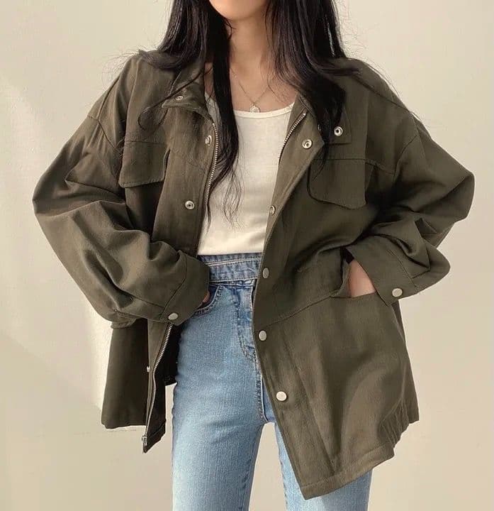 한국 chic 가을 레트로 품격 가짜 주머니 디자인 펌프 로프 허리 수축 슬림해 보이는 워크웨어 재킷 바람막이 여성 코트 상세 이미지 6
