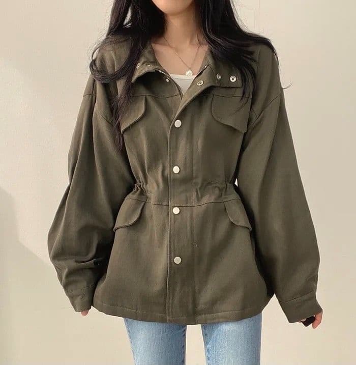 한국 chic 가을 레트로 품격 가짜 주머니 디자인 펌프 로프 허리 수축 슬림해 보이는 워크웨어 재킷 바람막이 여성 코트 상세 이미지 10