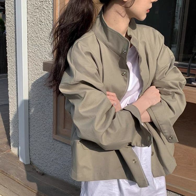 한국 chic 봄 가을 레트로 잘 생긴 폴로 칼라 지퍼 디자인 루즈핏 다용도 긴팔 오토바이 서비스 맨위 재킷 이미지 2