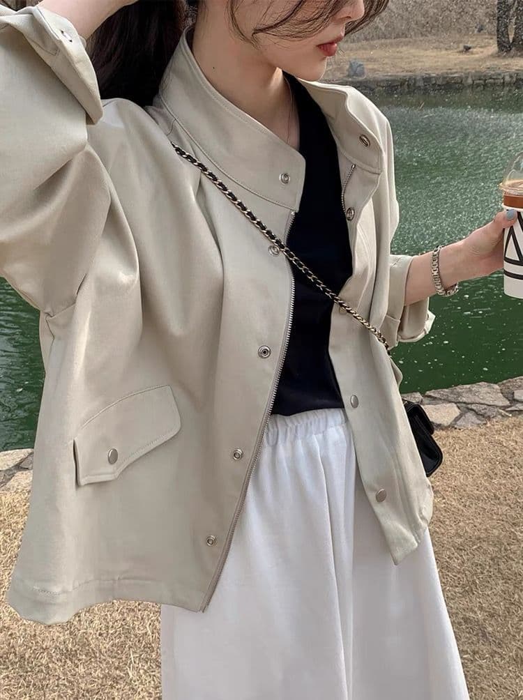 한국 chic 봄 가을 레트로 잘 생긴 폴로 칼라 지퍼 디자인 루즈핏 다용도 긴팔 오토바이 서비스 맨위 재킷 이미지 3
