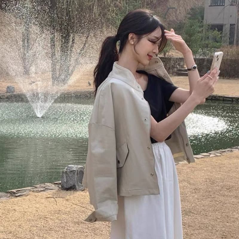 한국 chic 봄 가을 레트로 잘 생긴 폴로 칼라 지퍼 디자인 루즈핏 다용도 긴팔 오토바이 서비스 맨위 재킷 이미지 5