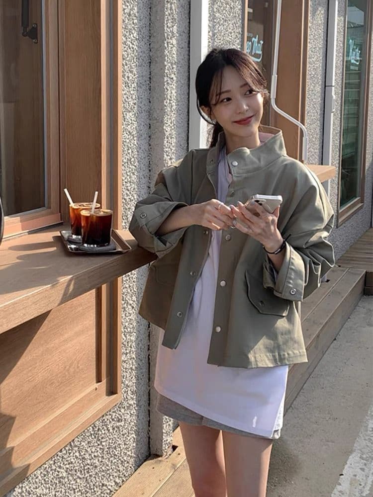 한국 chic 봄 가을 레트로 잘 생긴 폴로 칼라 지퍼 디자인 루즈핏 다용도 긴팔 오토바이 서비스 맨위 재킷 상세 이미지 1