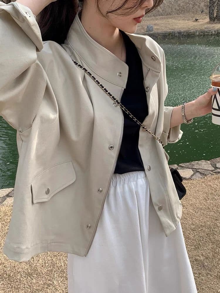 한국 chic 봄 가을 레트로 잘 생긴 폴로 칼라 지퍼 디자인 루즈핏 다용도 긴팔 오토바이 서비스 맨위 재킷 상세 이미지 2