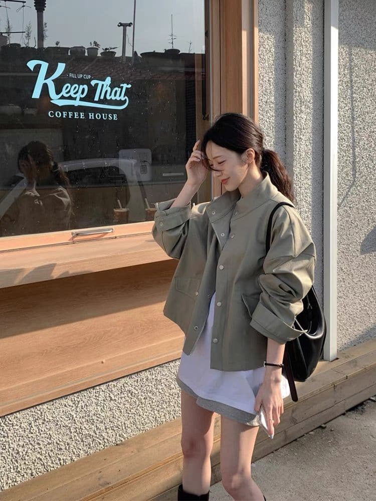 한국 chic 봄 가을 레트로 잘 생긴 폴로 칼라 지퍼 디자인 루즈핏 다용도 긴팔 오토바이 서비스 맨위 재킷 상세 이미지 3