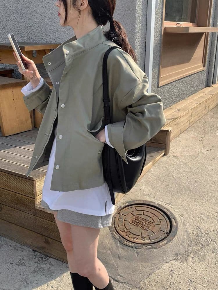 한국 chic 봄 가을 레트로 잘 생긴 폴로 칼라 지퍼 디자인 루즈핏 다용도 긴팔 오토바이 서비스 맨위 재킷 상세 이미지 8
