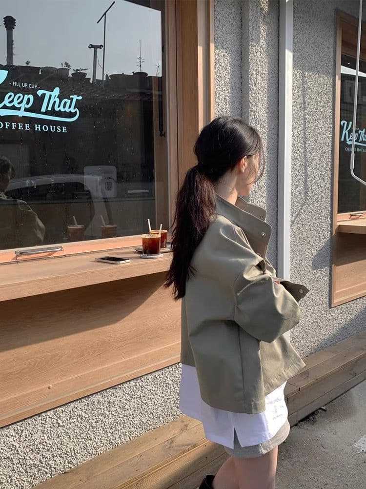 한국 chic 봄 가을 레트로 잘 생긴 폴로 칼라 지퍼 디자인 루즈핏 다용도 긴팔 오토바이 서비스 맨위 재킷 상세 이미지 10