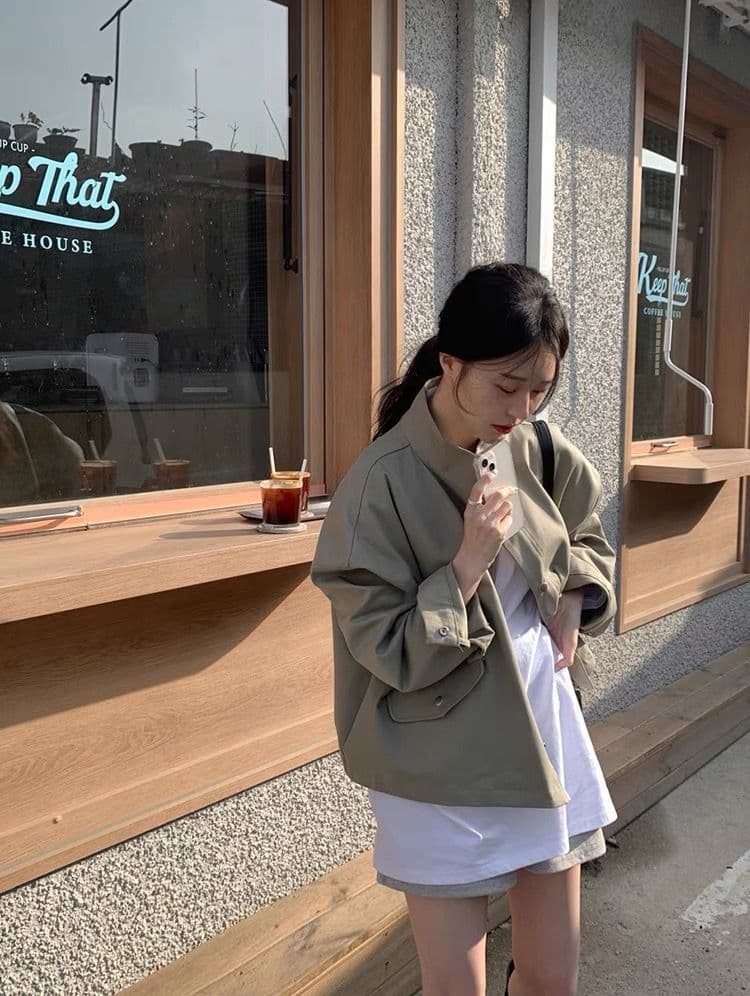 한국 chic 봄 가을 레트로 잘 생긴 폴로 칼라 지퍼 디자인 루즈핏 다용도 긴팔 오토바이 서비스 맨위 재킷 상세 이미지 11