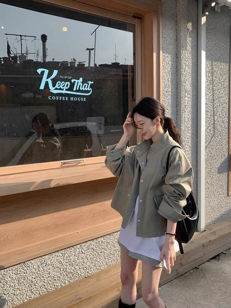 한국 chic 봄 가을 레트로 잘 생긴 폴로 칼라 지퍼 디자인 루즈핏 다용도 긴팔 오토바이 서비스 맨위 재킷 상세 이미지 13