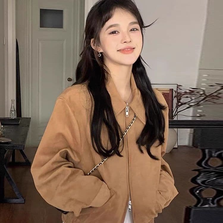 한국 chic 가을 아메리칸 레트로 폴로 칼라 더블 지퍼 주머니 루즈핏 다용도 모방 사슴 캐시미어 재킷 여성 코트 이미지 3