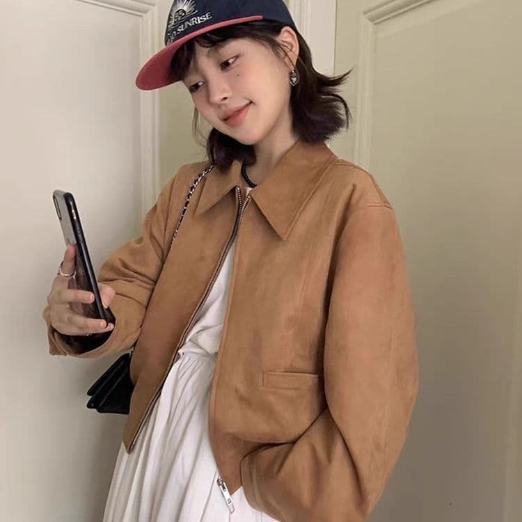 한국 chic 가을 아메리칸 레트로 폴로 칼라 더블 지퍼 주머니 루즈핏 다용도 모방 사슴 캐시미어 재킷 여성 코트 이미지 2
