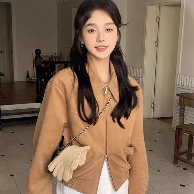 한국 chic 가을 아메리칸 레트로 폴로 칼라 더블 지퍼 주머니 루즈핏 다용도 모방 사슴 캐시미어 재킷 여성 코트 상세 이미지 7